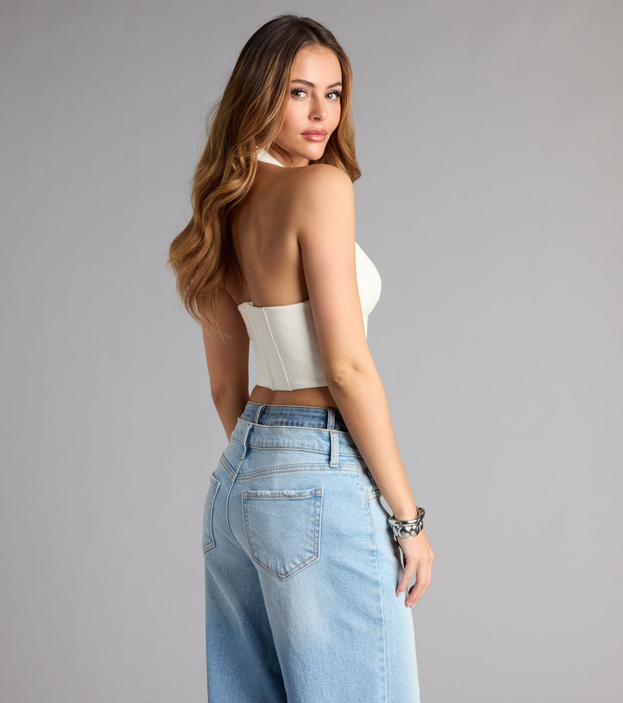 Faux Leather Zip Up Plunge Halter Corset Crop Top Grommet Trim Airily