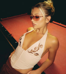 Plunge Halter Embroidered Suede Corset Crop Top Lace Up Back Airily