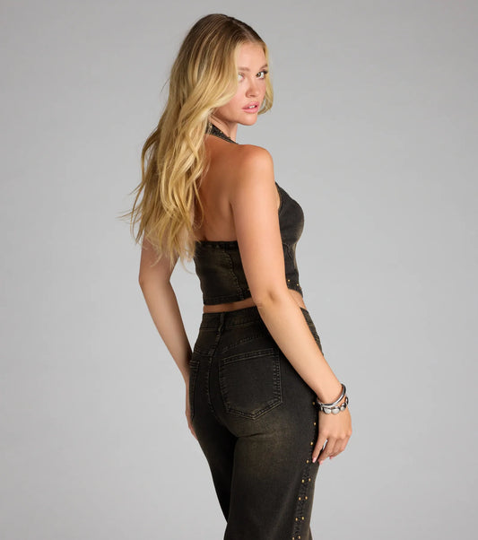 Studded Halter Zip Up Denim Crop Top Vintage Fade Stretch Airily