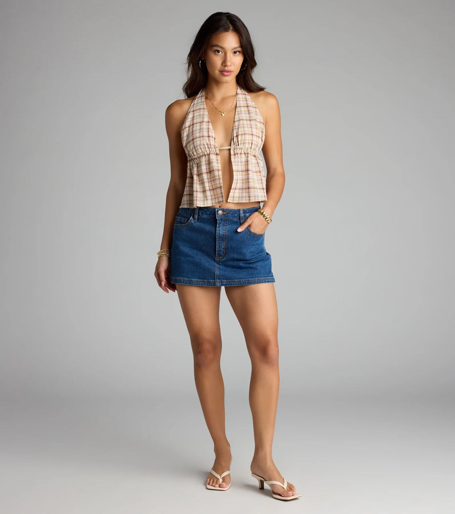 Plaid Halter Open Front Crop Top Cotton Blend Airily