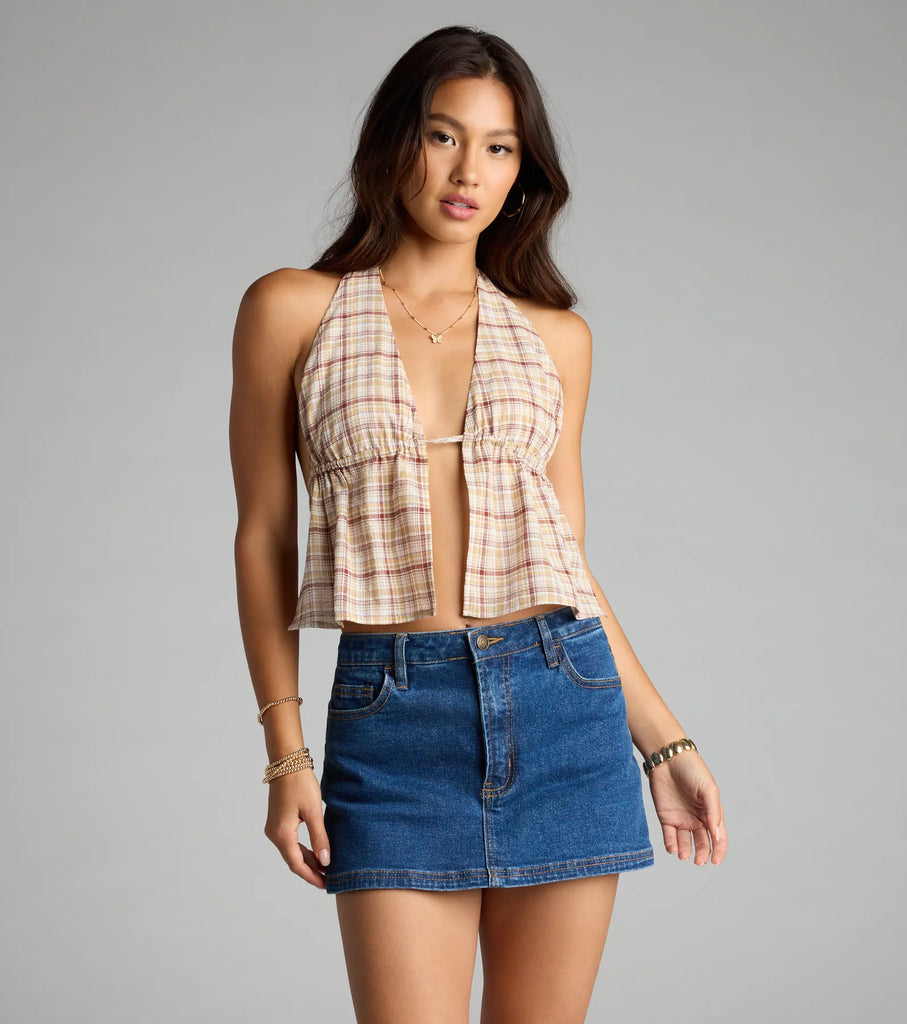 Plaid Halter Open Front Crop Top Cotton Blend Airily