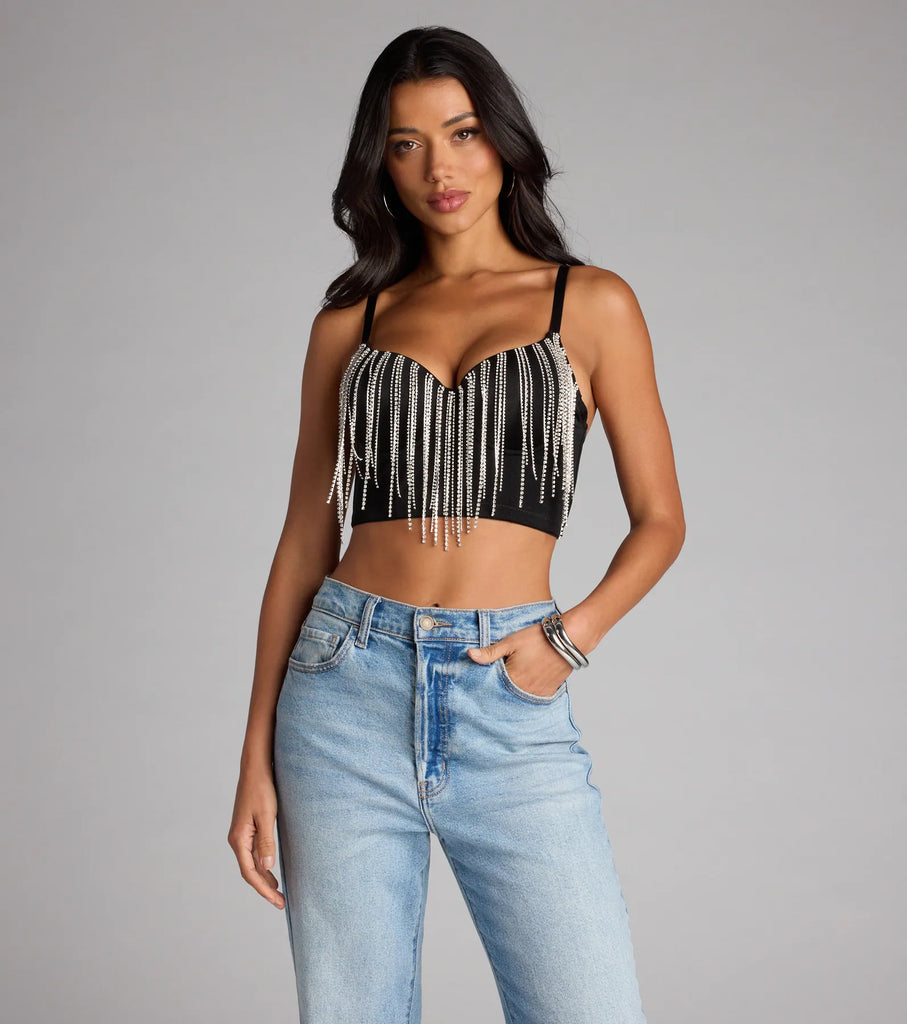 Rhinestone Fringe Sweetheart Bustier Top Adjustable Straps Polyester Airily