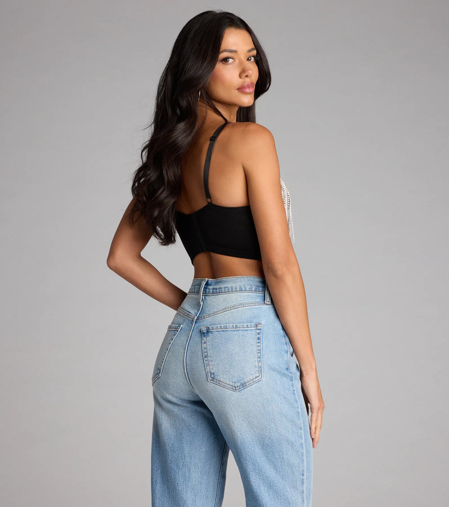 Rhinestone Fringe Sweetheart Bustier Top Adjustable Straps Polyester Airily