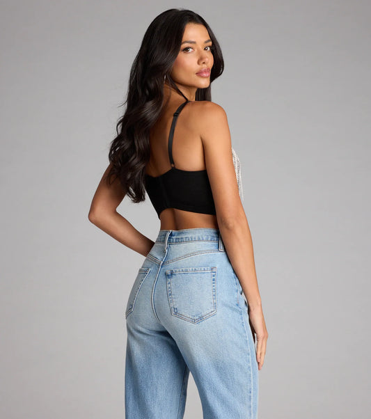 Rhinestone Fringe Sweetheart Bustier Top Adjustable Straps Polyester Airily