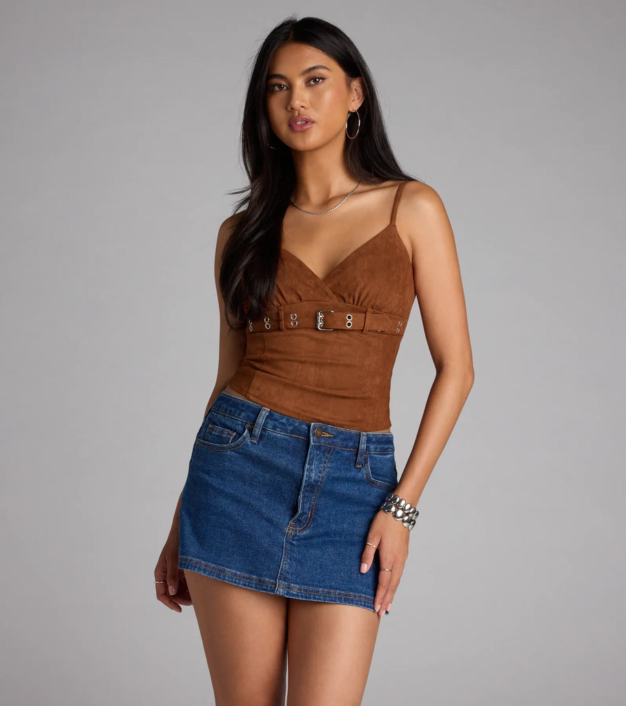 Faux Suede V Neck Belted Crop Top Adjustable Straps Knit Lining Airily