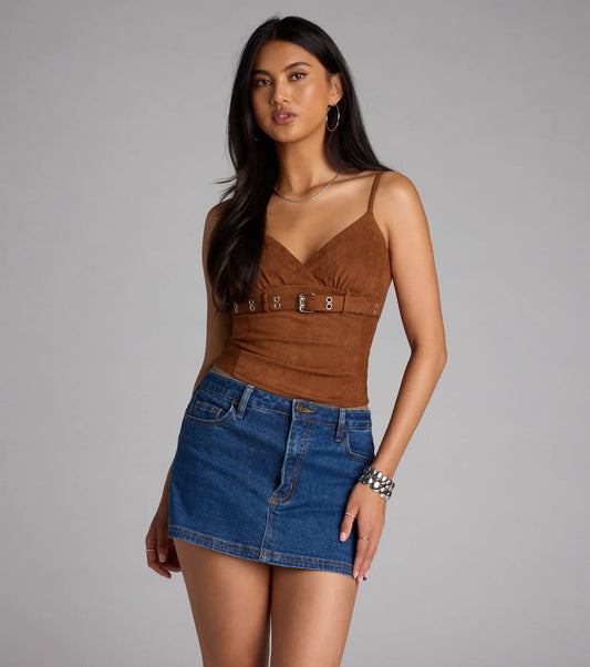 Faux Suede V Neck Belted Crop Top Adjustable Straps Knit Lining Airily