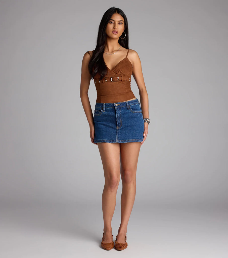 Faux Suede V Neck Belted Crop Top Adjustable Straps Knit Lining Airily