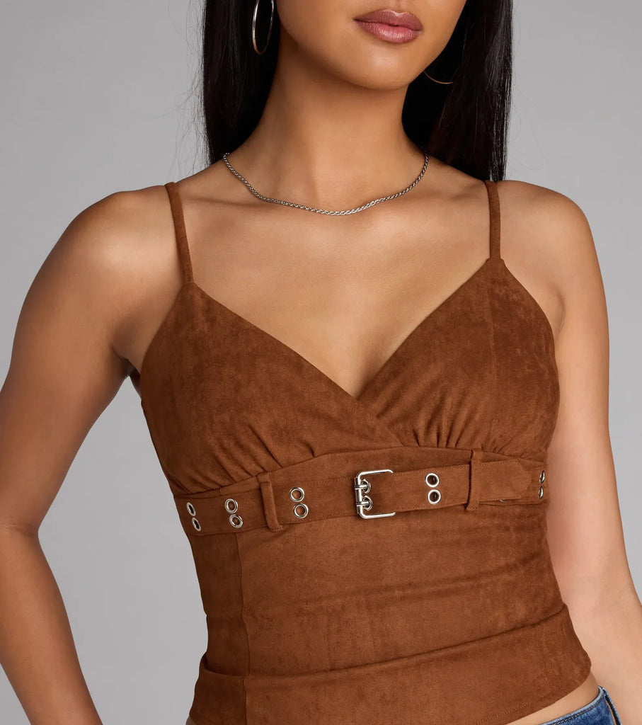 Faux Suede V Neck Belted Crop Top Adjustable Straps Knit Lining Airily