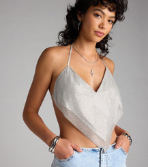 Rhinestone Chainmail Halter Hanky Crop Top Open Back Synthetic Airily