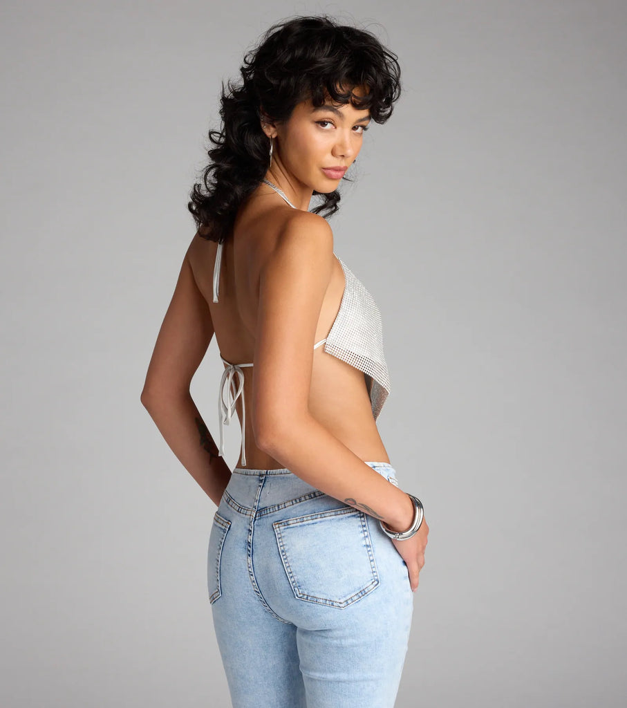 Rhinestone Chainmail Halter Hanky Crop Top Open Back Synthetic Airily