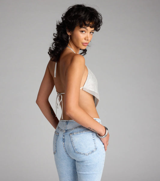 Rhinestone Chainmail Halter Hanky Crop Top Open Back Synthetic Airily