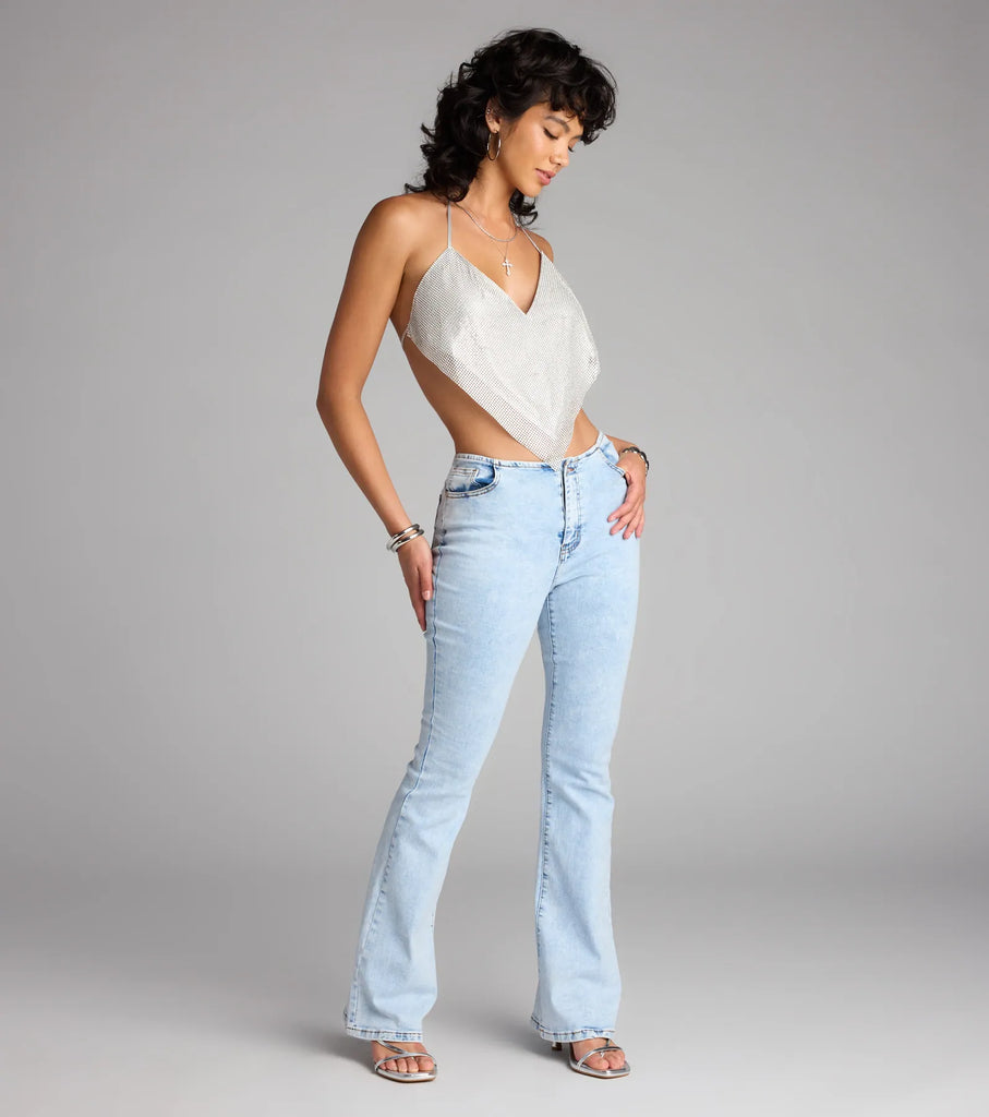 Rhinestone Chainmail Halter Hanky Crop Top Open Back Synthetic Airily