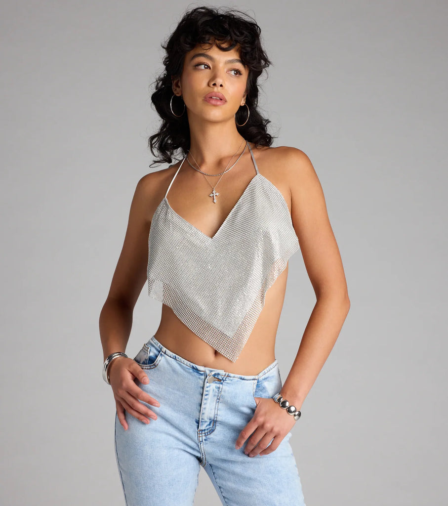 Rhinestone Chainmail Halter Hanky Crop Top Open Back Synthetic Airily