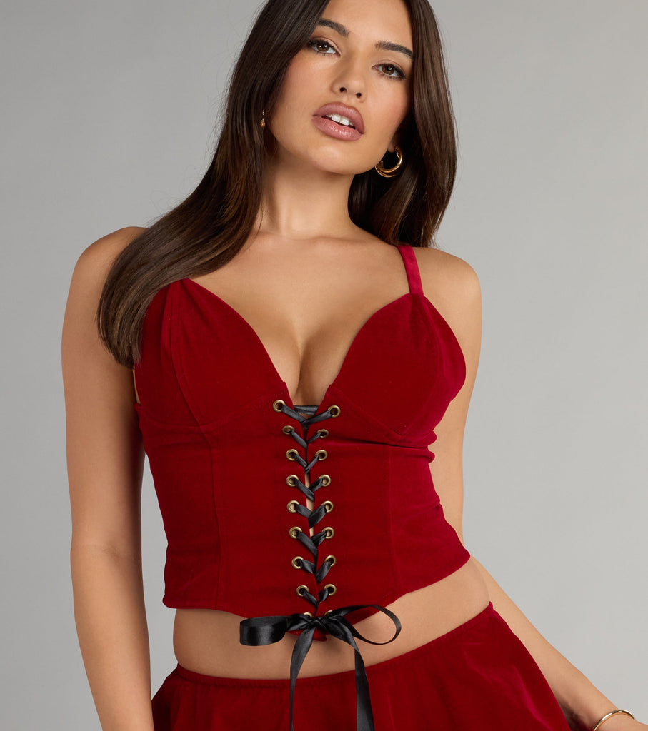 Velvet Lace Up Plunge Corset Crop Top Adjustable Straps Airily