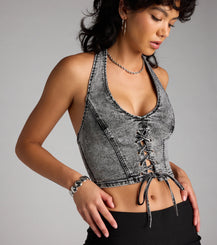 Lace Up Halter Denim Crop Top Vintage Wash Airily