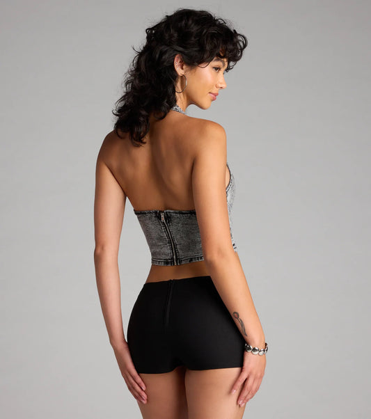 Lace Up Halter Denim Crop Top Vintage Wash Airily