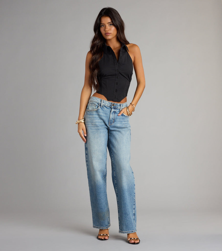 Poplin Halter Collared Corset Crop Top Button Front Open Back Airily