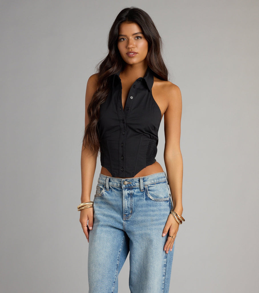 Poplin Halter Collared Corset Crop Top Button Front Open Back Airily