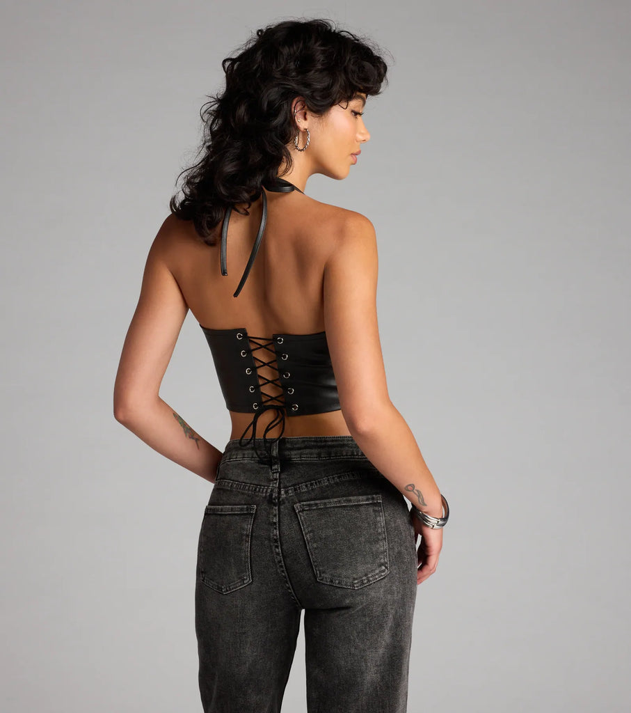 Faux Leather Grommet Halter Cutout Crop Top Lace Up Back Airily