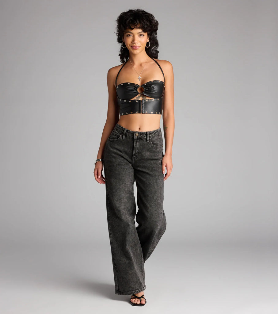 Faux Leather Grommet Halter Cutout Crop Top Lace Up Back Airily