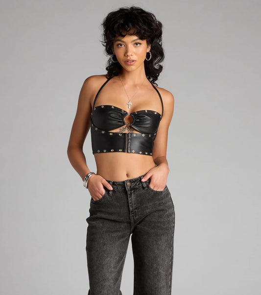 Faux Leather Grommet Halter Cutout Crop Top Lace Up Back Airily