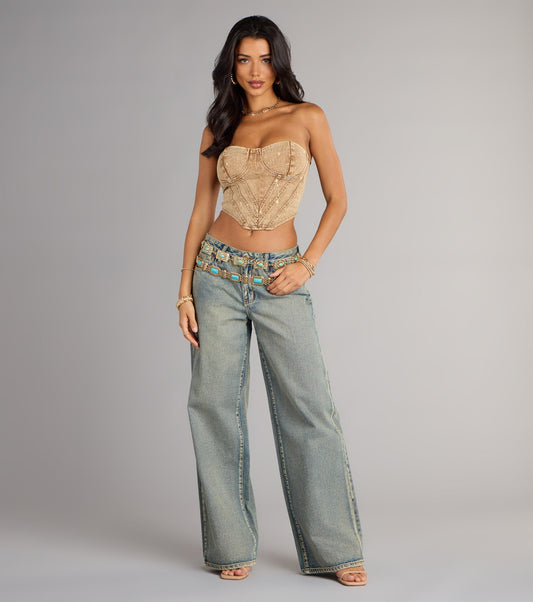 Denim Strapless Lace Up Bustier Top V Cut Hem Airily