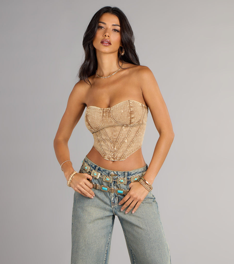 Denim Strapless Lace Up Bustier Top V Cut Hem Airily
