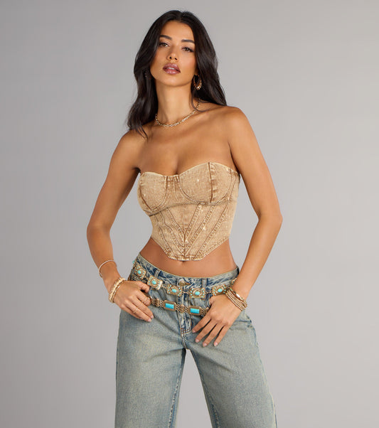 Denim Strapless Lace Up Bustier Top V Cut Hem Airily