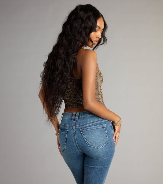 Embroidered Strapless Denim Corset Crop Top Floral Detail Airily