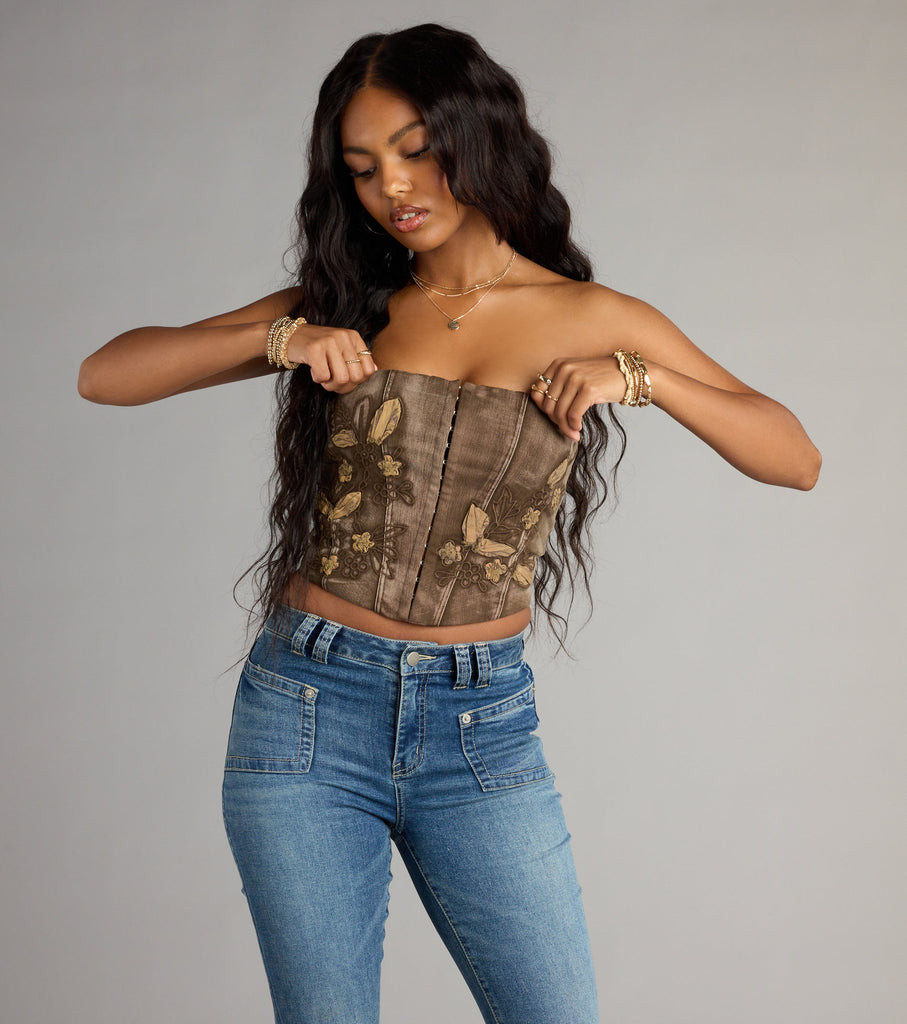 Embroidered Strapless Denim Corset Crop Top Floral Detail Airily