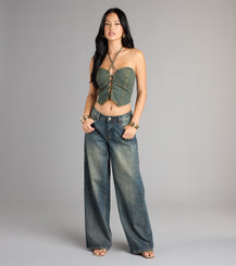 Lace Up Sweetheart Halter Denim Crop Top Vintage Stretch Airily