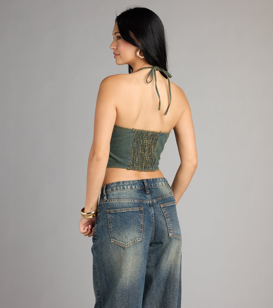 Lace Up Sweetheart Halter Denim Crop Top Vintage Stretch Airily