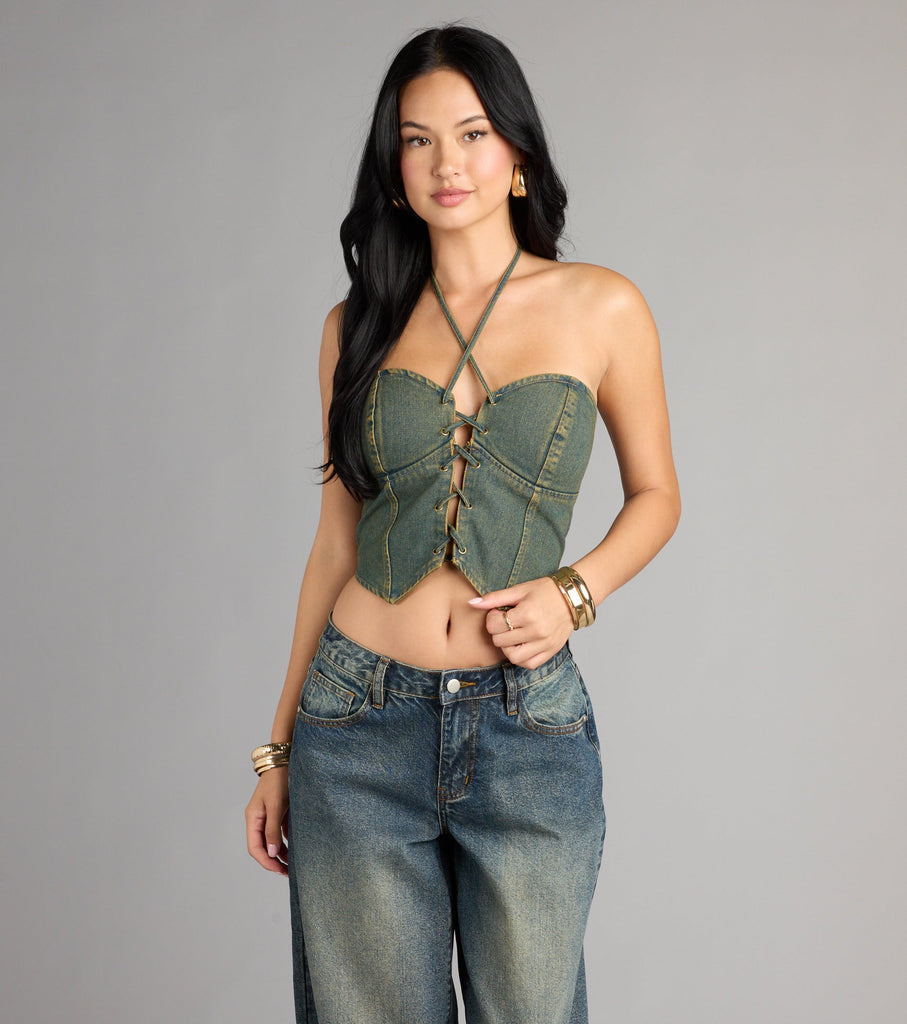 Lace Up Sweetheart Halter Denim Crop Top Vintage Stretch Airily