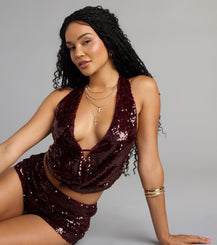 Sequin Cowl Plunge Open Back Crop Top Adjustable Strap Knit Lined Airily