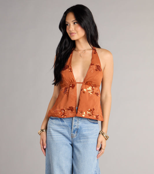 Sequin Floral Embroidered Halter Crop Top Open Back Polyester Airily