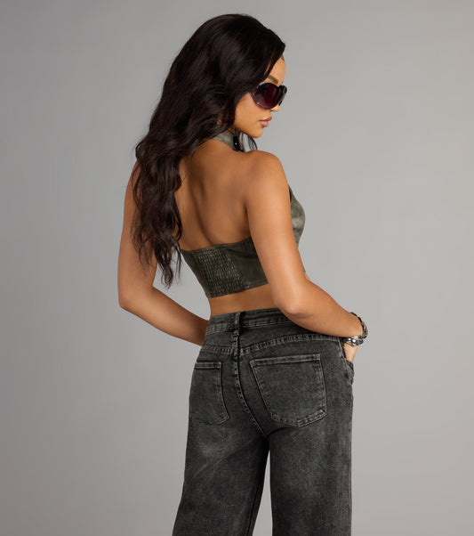 Faux Leather Zip Up Mock Neck Belted Crop Top Knit Lined Airily