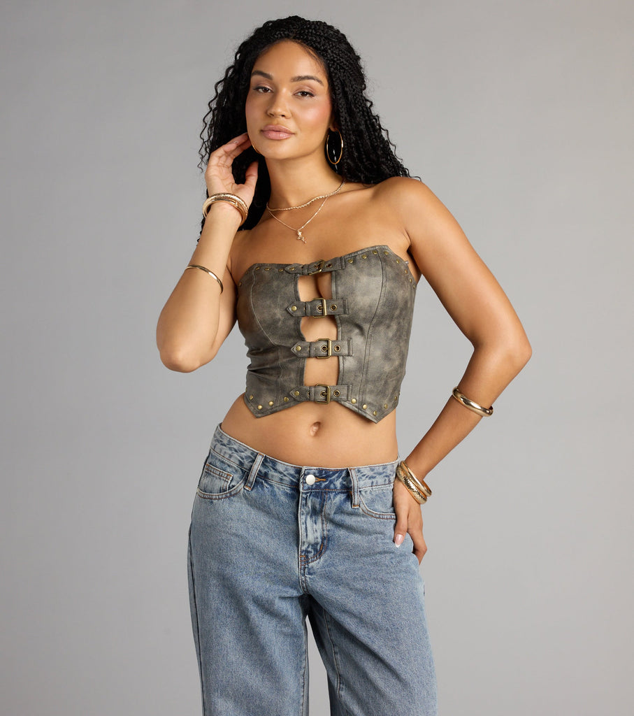 Faux Leather Buckle Cutout Strapless Crop Top Studded Hem Airily