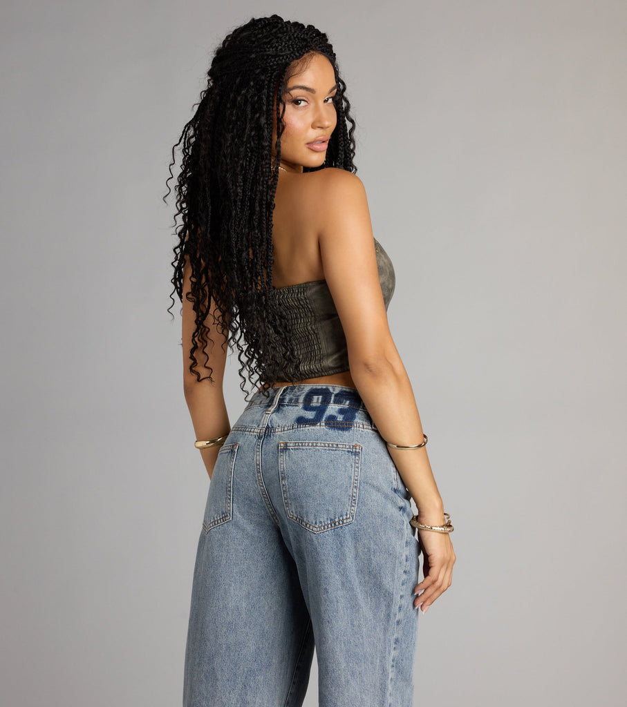 Faux Leather Buckle Cutout Strapless Crop Top Studded Hem Airily