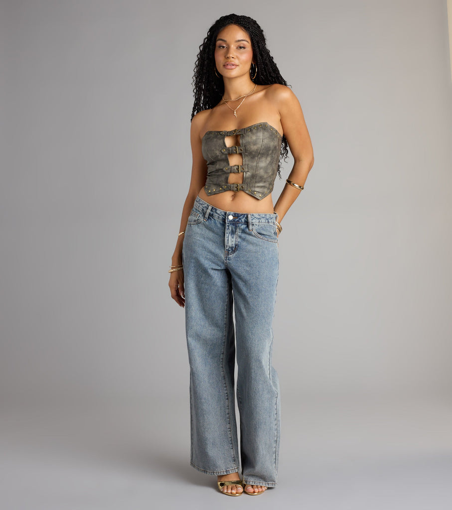 Faux Leather Buckle Cutout Strapless Crop Top Studded Hem Airily