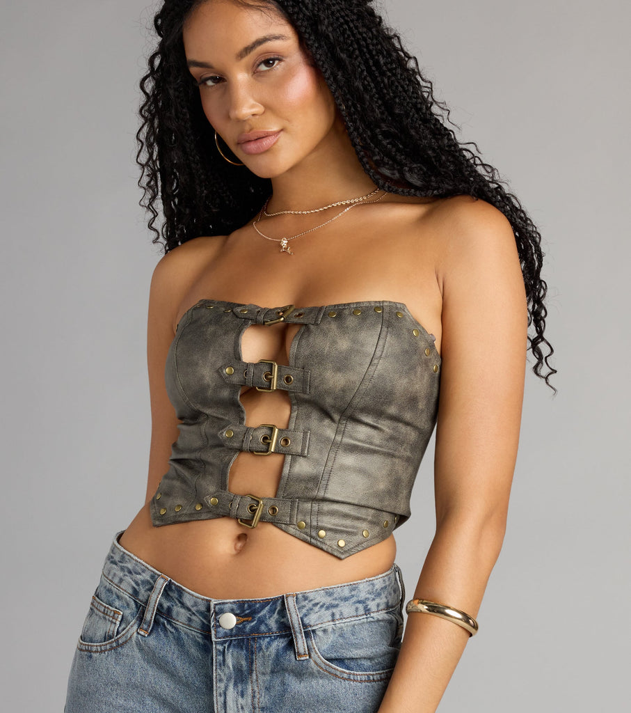 Faux Leather Buckle Cutout Strapless Crop Top Studded Hem Airily