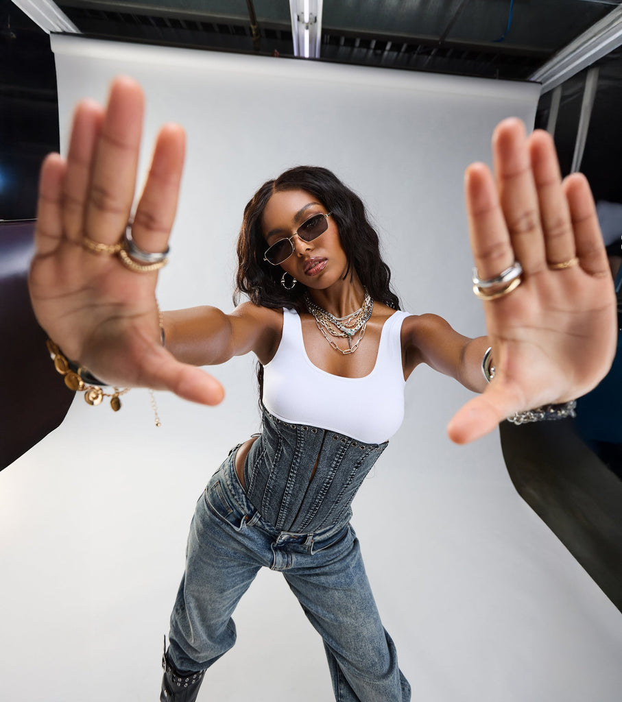 Strapless Grommet Lace Up Denim Corset Crop Top Stretch Lined Airily