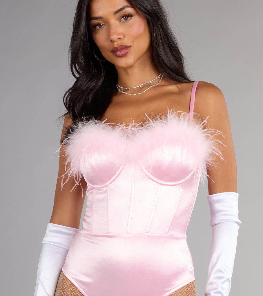 Satin Marabou Trim Corset Bodysuit Lace Up Back Padded Bust Airily