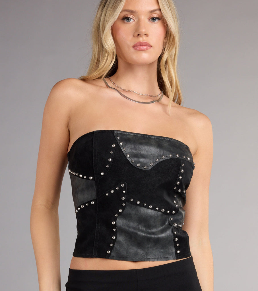 Studded Patchwork Faux Leather Tube Top Lace Up Back Airily