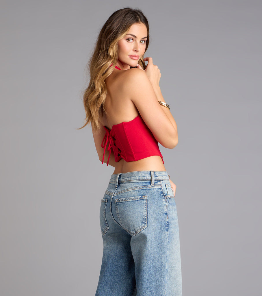 Plunge Halter Lace Up Corset Crop Top Woven Polyester Airily