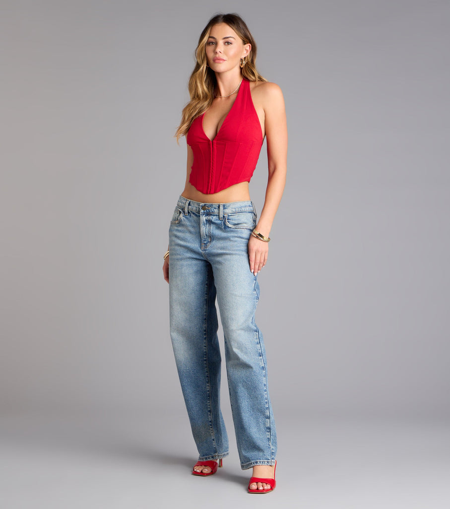 Plunge Halter Lace Up Corset Crop Top Woven Polyester Airily