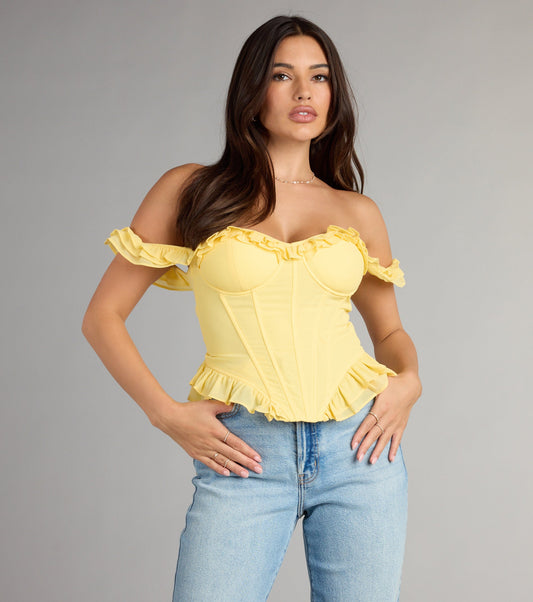 Chiffon Off Shoulder Ruffled Lace Up Corset Top Knit Lining Airily