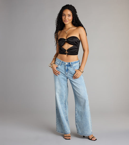 Satin Cutout Tube Crop Top Metal Trim Smocked Back Airily