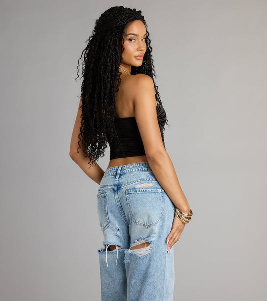 Satin Cutout Tube Crop Top Metal Trim Smocked Back Airily