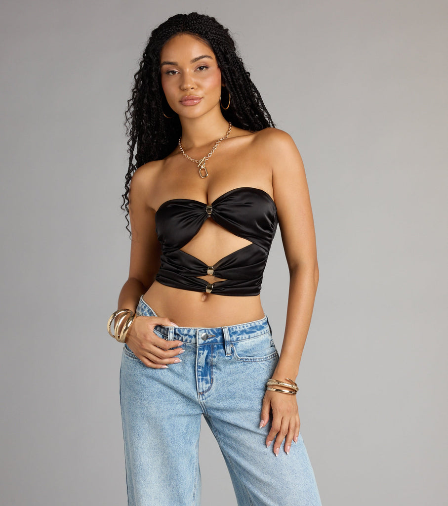 Satin Cutout Tube Crop Top Metal Trim Smocked Back Airily
