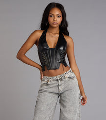 Faux Leather Halter Lace Up Corset Crop Top Structured Fit Airily